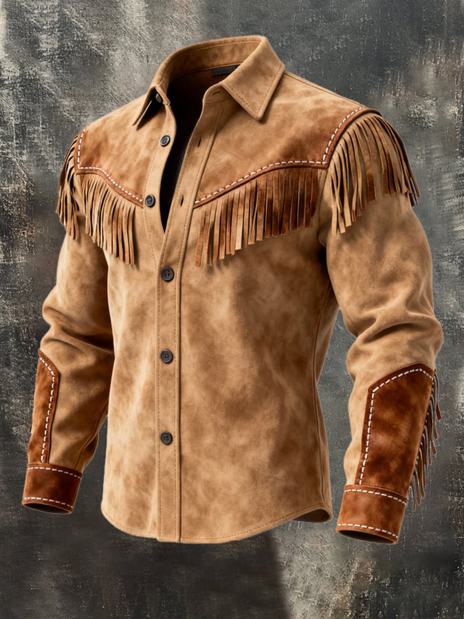 Men'S Vintage Distressed Stitching Tassel Design Long-Sleeved Shirt