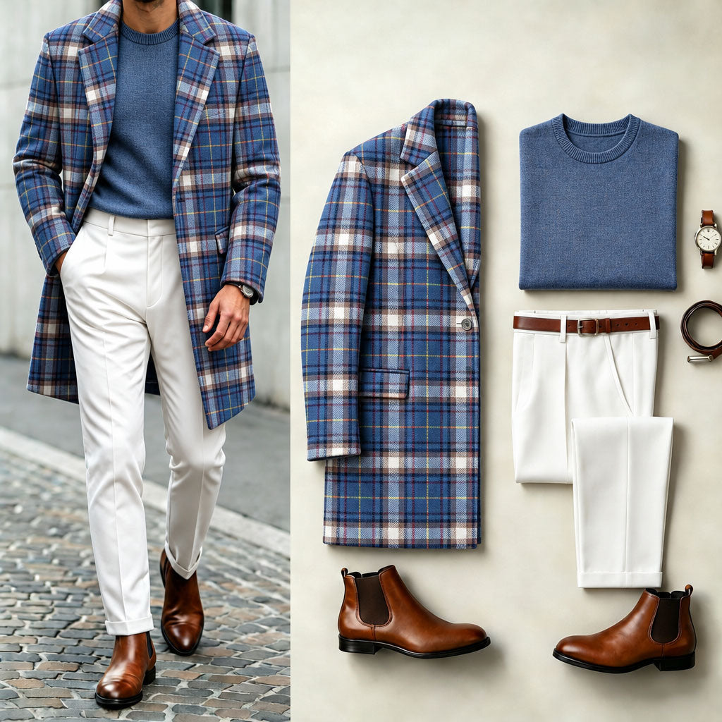 Men's Blue Checkered Suit Set: Coat, Knit Sweater, and Pants