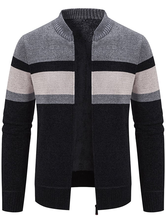 Men's Stylish Contrasting Color Design Velvet Warm Zipper Sweater Jacket
