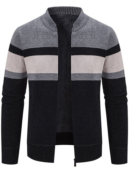 Men's Stylish Contrasting Color Design Velvet Warm Zipper Sweater Jacket