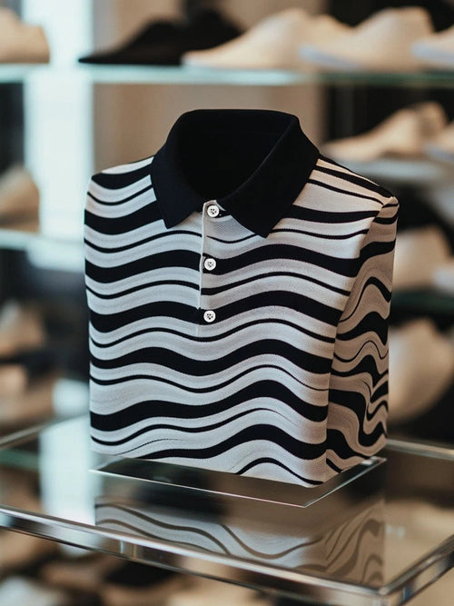 Men's Business Casual Black and White Wave Logo Button Short Sleeve Polo Shirt