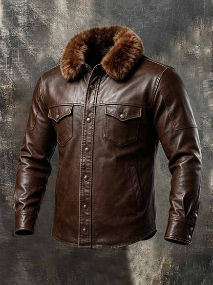 Men'S Vintage-Style Leather Western Shirt With Dual Pockets And Detachable Fur Collar