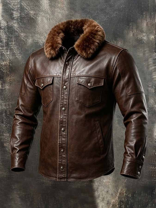Men'S Vintage-Style Leather Western Shirt With Dual Pockets And Detachable Fur Collar