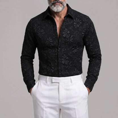 Men's White 3D Floral Embossed Pattern Slim Fit Long Sleeve Shirt