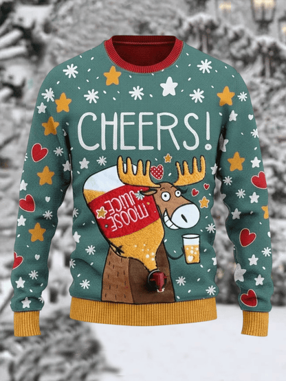 Men's Retro Cheers Moose Juice Ugly Christmas Print Sweater