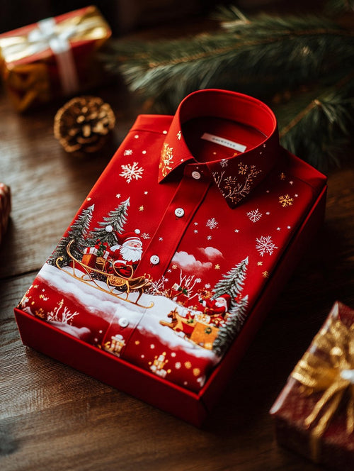 Men's Business Retro Christmas Santa Claus Sleigh Snowflake Print Long Sleeve Shirt