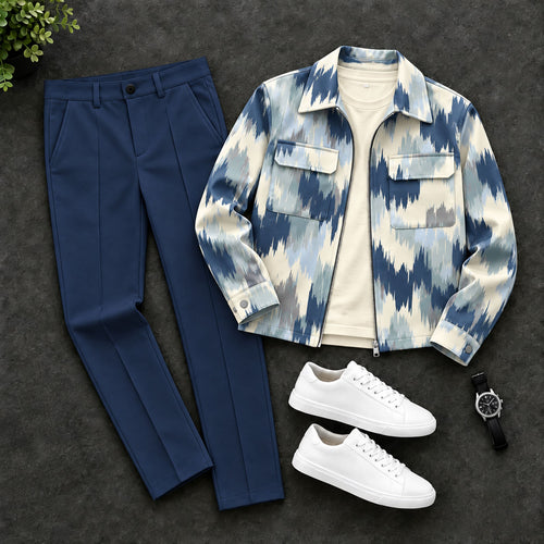 Men's Blue-and-White Gradient Zipper Cardigan and Pants Two-Piece Set