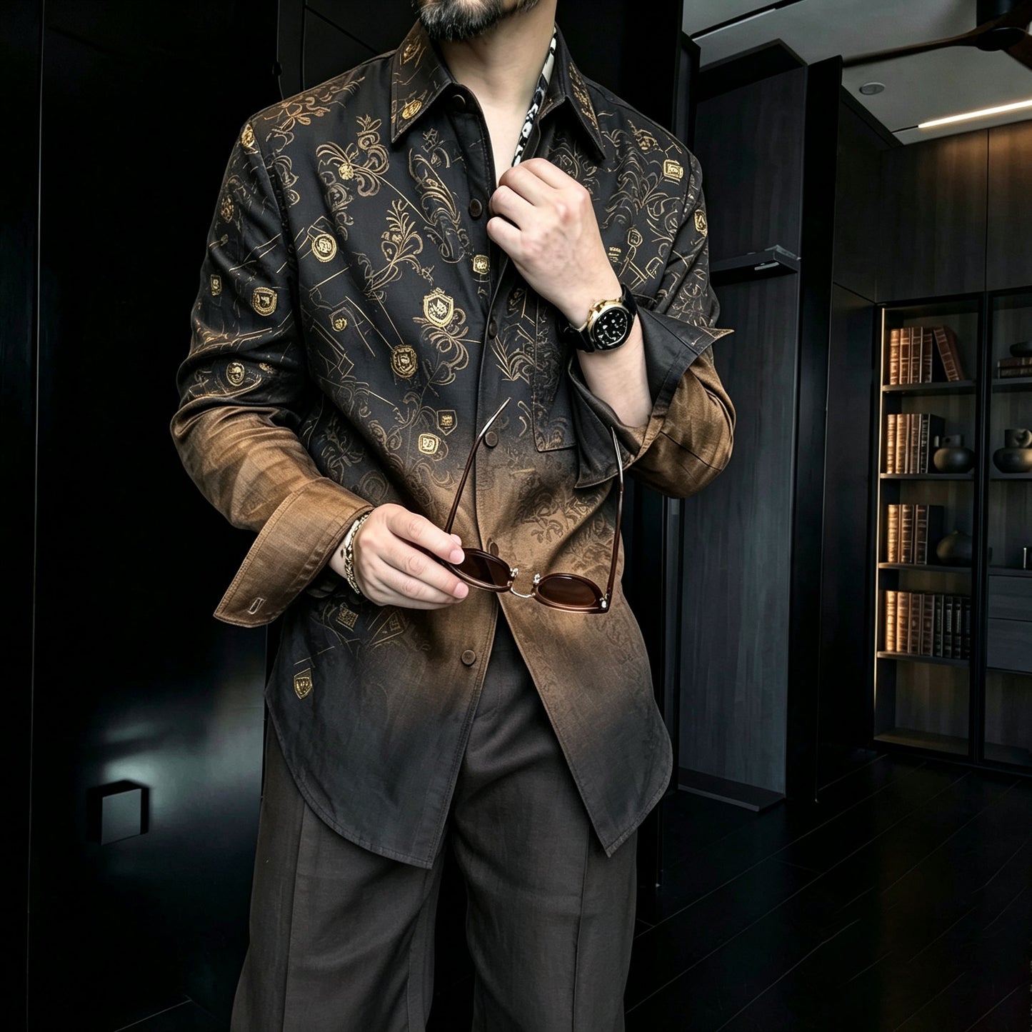 Men's Casual Black-and-Gold Patterned Printed Lapel Long-Sleeve Shirt and Pants Two-Piece Set