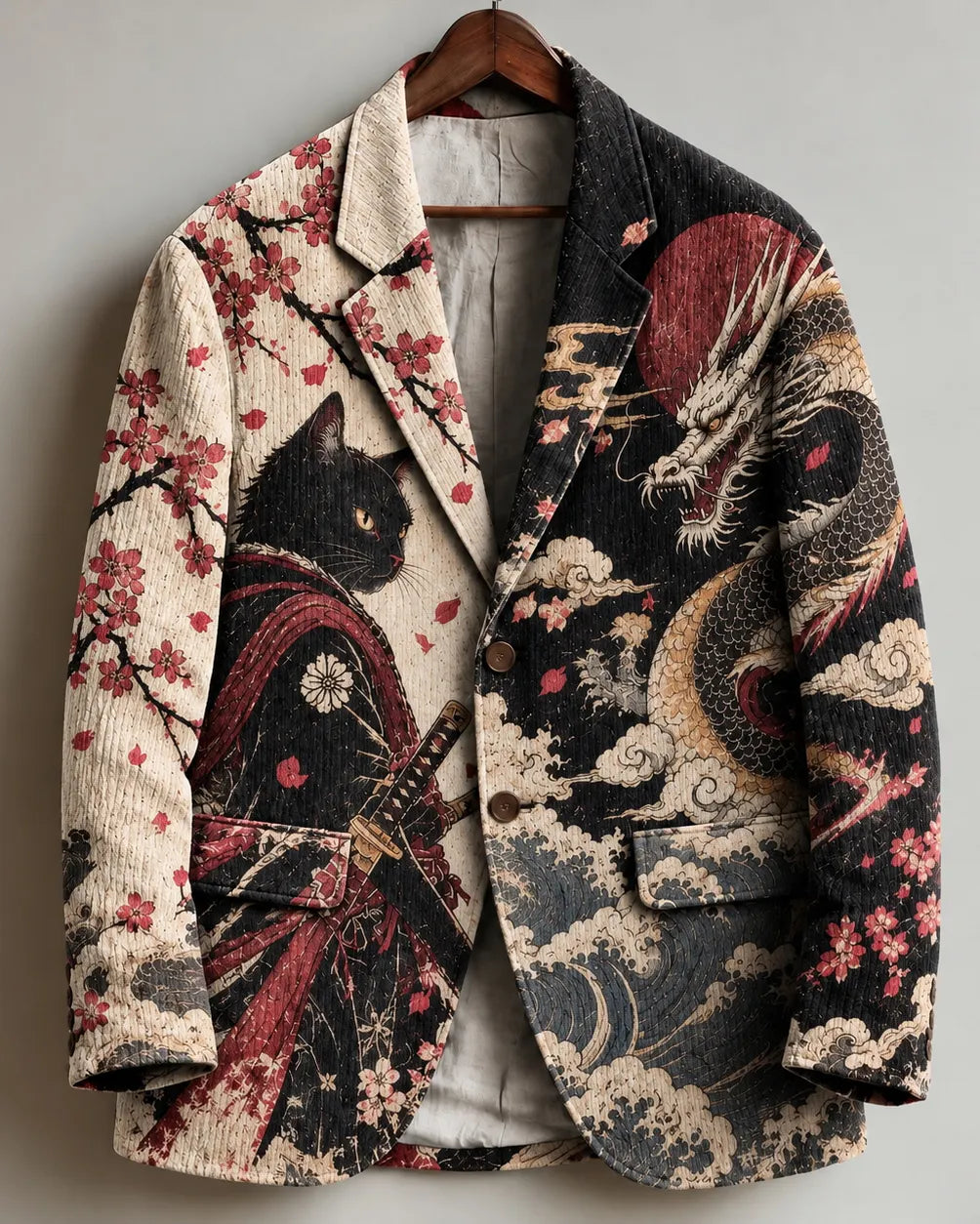 Men's Retro Japanese Art Black Cat Samurai And Dragon Print Casual Blazer