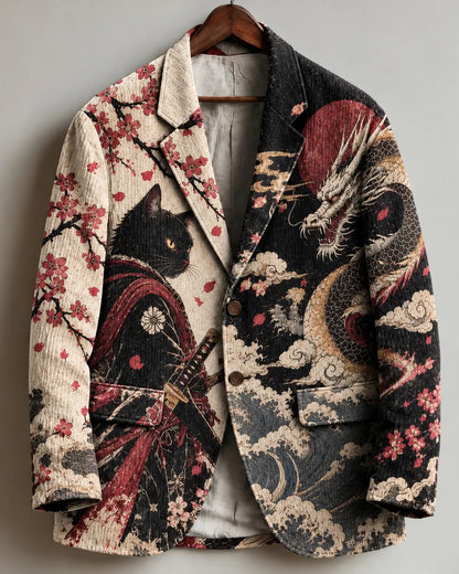 Men's Retro Japanese Art Black Cat Samurai And Dragon Print Casual Blazer