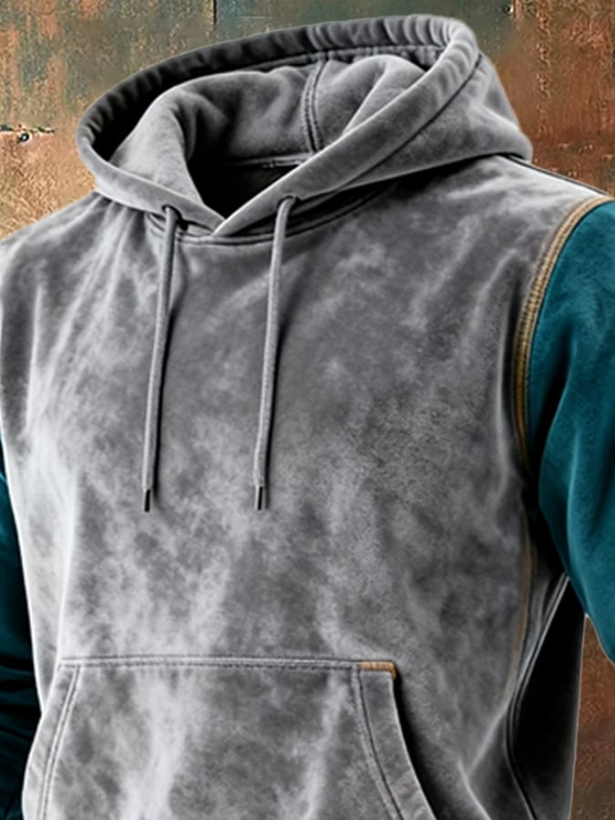 Men's Retro Suede Stitching Contrast Color Comfort Hooded Sweatshirt