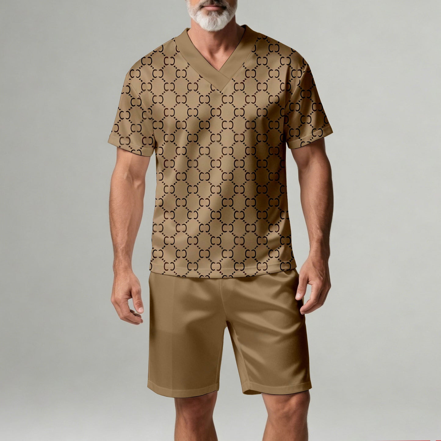 Men's Casual Geometric Print V-Neck Short-Sleeve T-Shirt And Shorts Two-Piece Set
