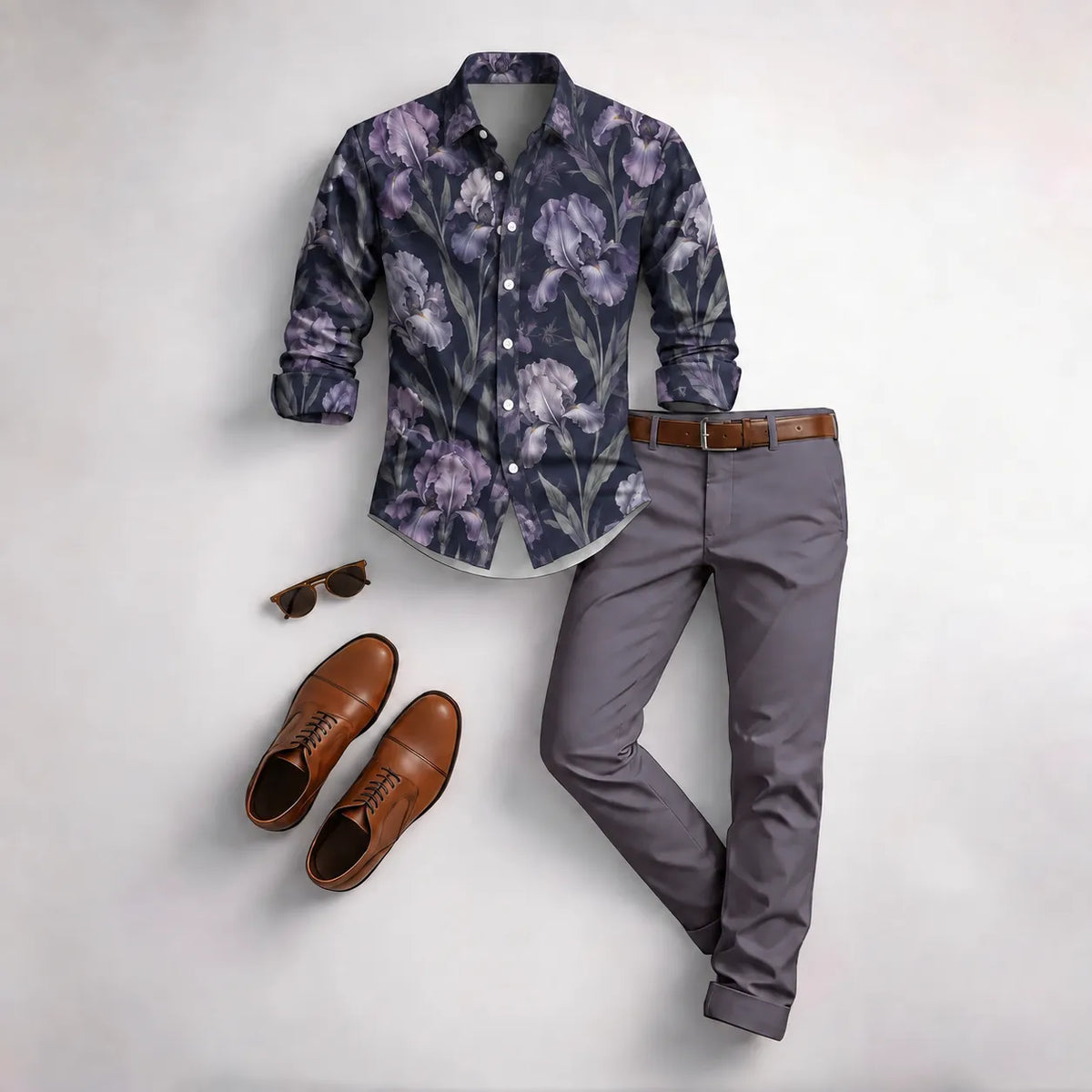 Men's Vintage Floral Print Long-Sleeve Shirt and Pants Set