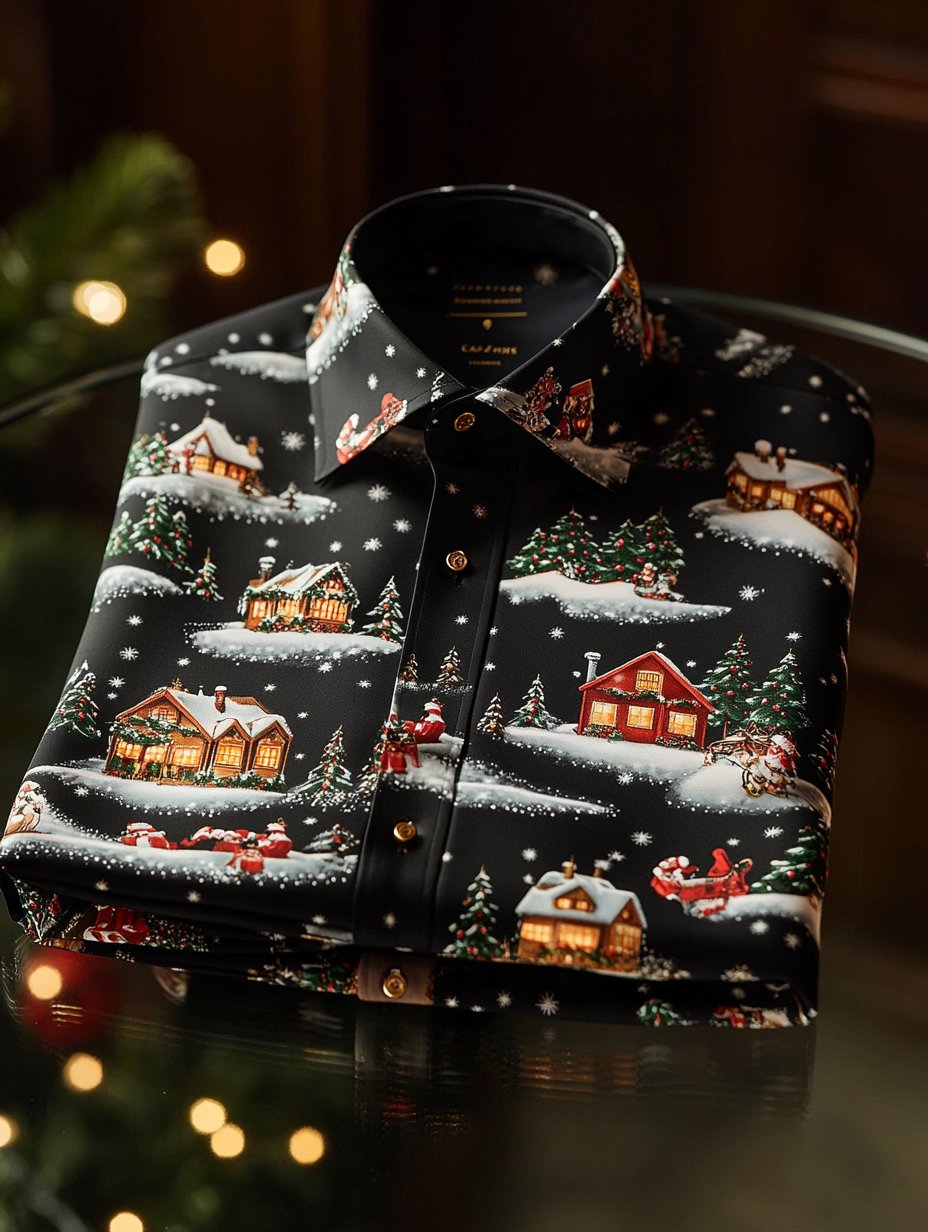 Men's Christmas Satin Luxe Long Sleeve Button Down Shirt
