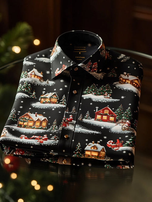 Men's Christmas Satin Luxe Long Sleeve Button Down Shirt