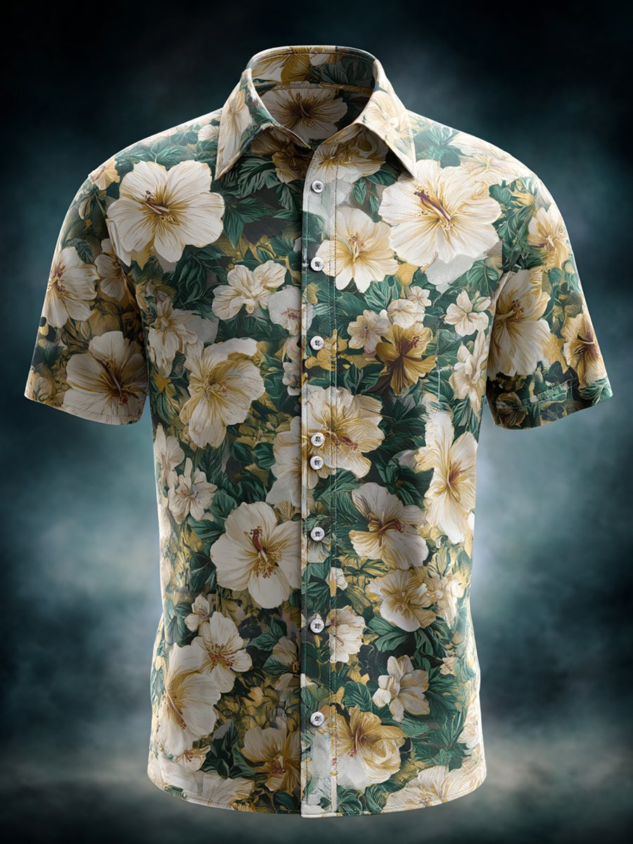 Men's Business Casual Floral Print Lapel Short Sleeve Shirt