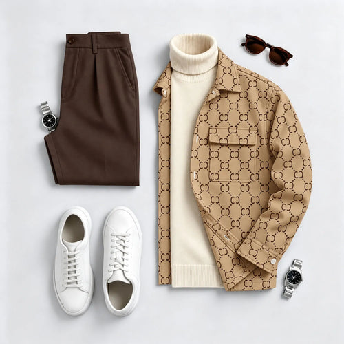 Men's brown printed long-sleeve shirt and pants two-piece set