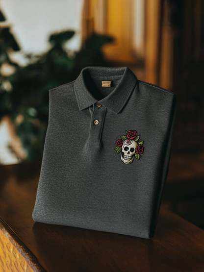 Men's Classic Business Skull Rose Logo Short Sleeve Polo Shirt