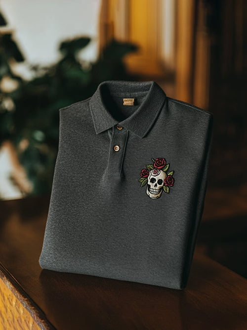 Men's Classic Business Skull Rose Logo Short Sleeve Polo Shirt