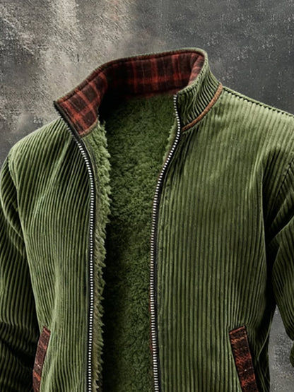 Men's Retro Warm Corduroy Color Block Outdoor Jacket