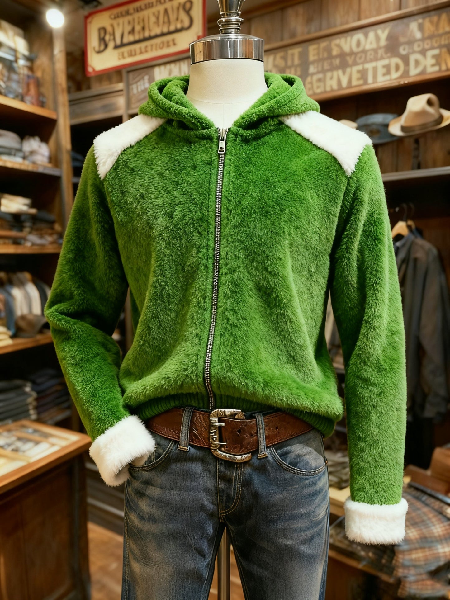 Men's Retro Green Plush Comfort Zip-Up Cardigan Sweatshirt
