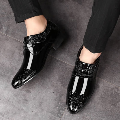 Men's Business Formal Casual Pointed Toe Carved Slip-on Patant Faux Leather Shoes
