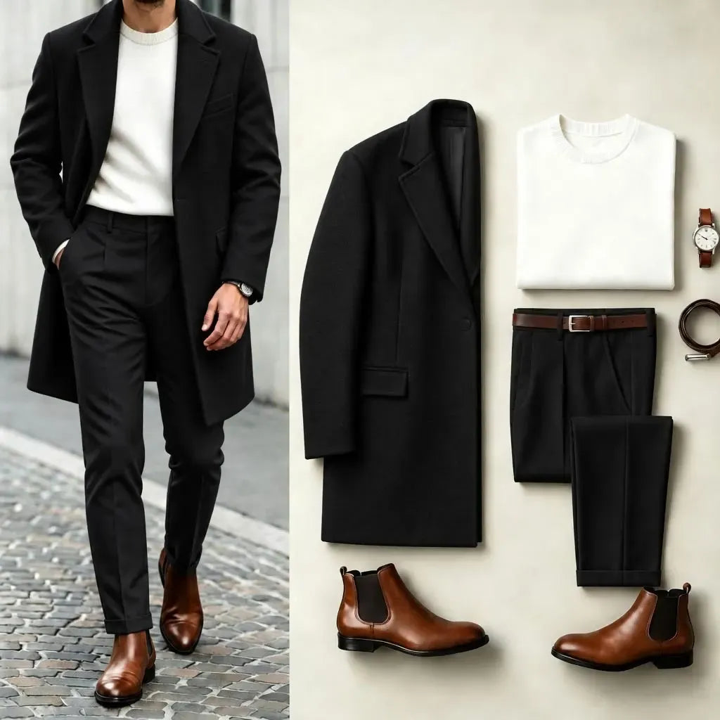 Men's Two-Tone Suit Set: Black coat, white knit sweater, and black dress pants