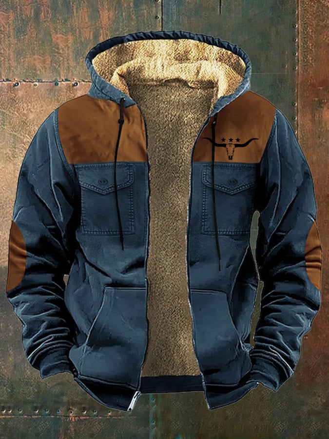 Men's Vintage Western Print Arctic Fleece Zip-Up Jacket