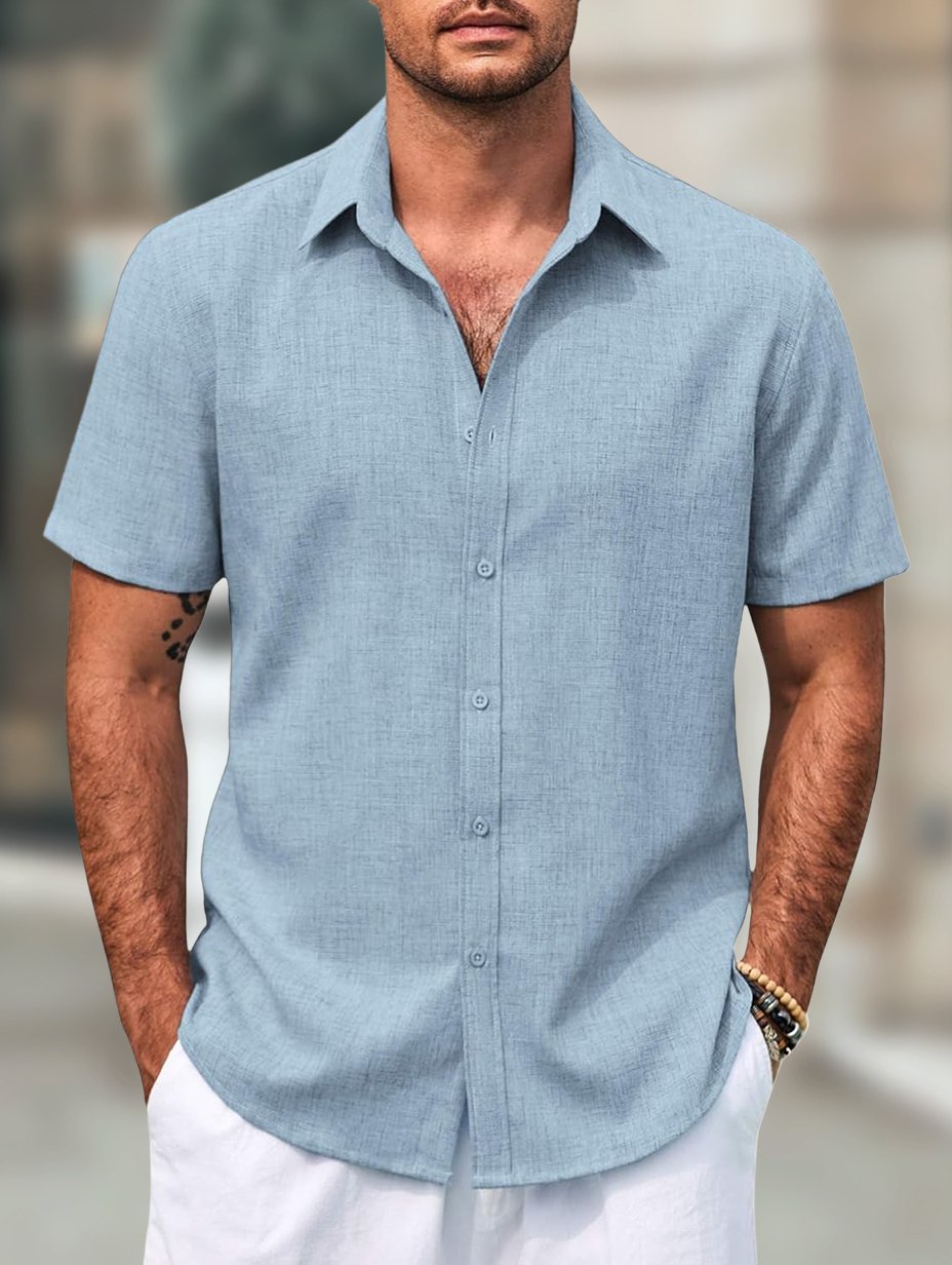 Men's Retro Casual Short Sleeve Faux Linen Lapel Shirt