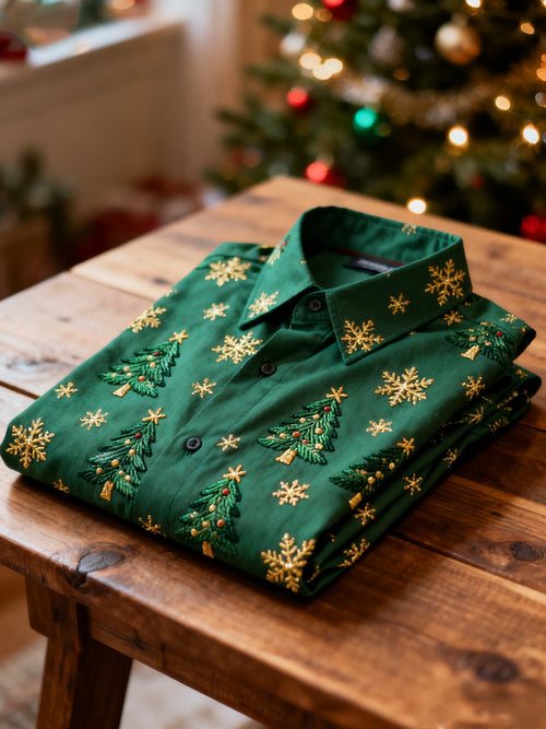 Men's Business Retro Christmas Evergreen Tree Print Long Sleeve Shirt
