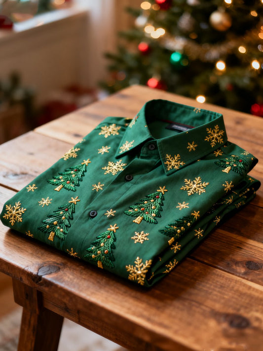 Men's Business Retro Christmas Evergreen Tree Print Long Sleeve Shirt