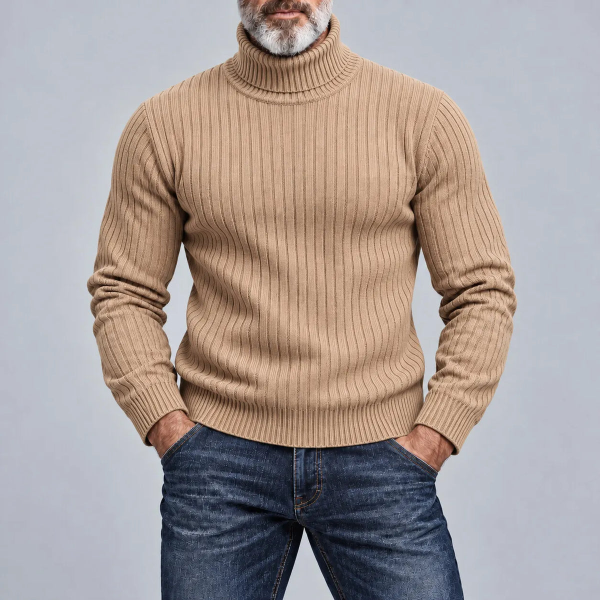 Men's Casual Solid Color Turtleneck Ribbed Knit Slim-Fit Pullover Sweater