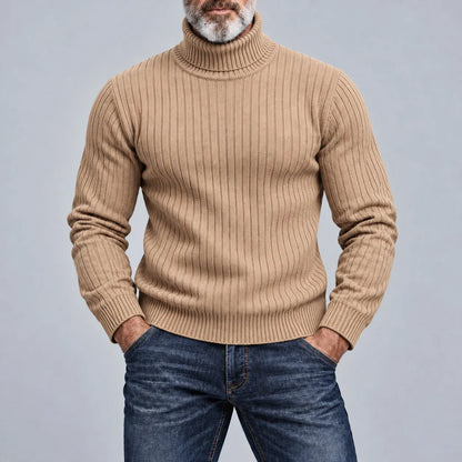 Men's Casual Solid Color Turtleneck Ribbed Knit Slim-Fit Pullover Sweater