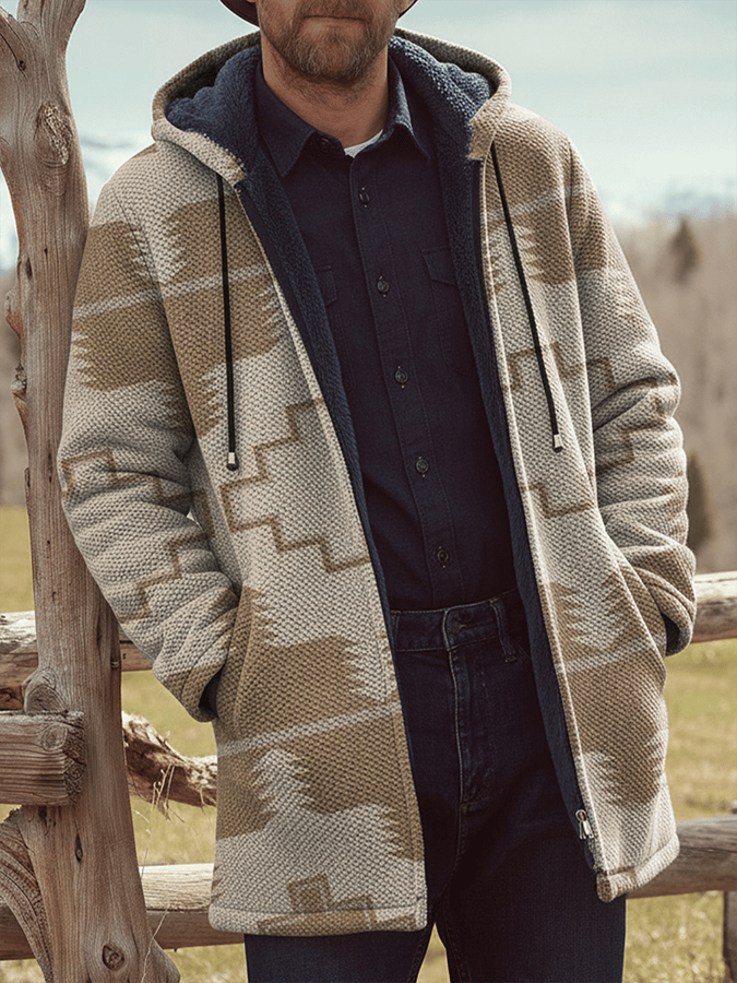 Men's Western Aztec Print Plush Long Sleeve Cardigan Jacket