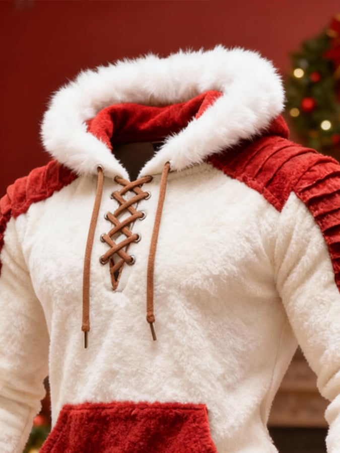 Men'S Plush Warm Color-Blocked Christmas Hooded Sweatshirt
