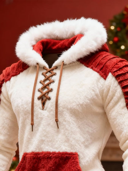 Men'S Plush Warm Color-Blocked Christmas Hooded Sweatshirt