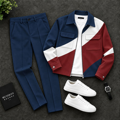 Men's Diagonal-Striped Zipper Cardigan and Pants Two-Piece Set