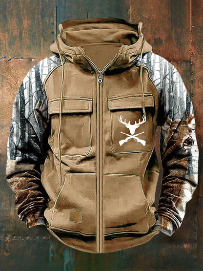 Men's Vintage Western Deer Print Multi-Pocket Jacket