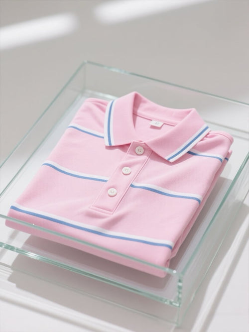 Men's Business Casual Striped Logo Button Short Sleeve Polo Shirt