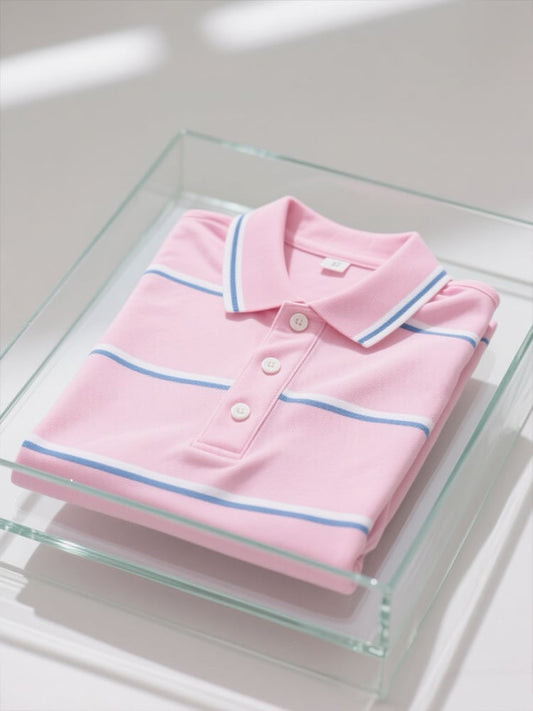 Men's Business Casual Striped Logo Button Short Sleeve Polo Shirt