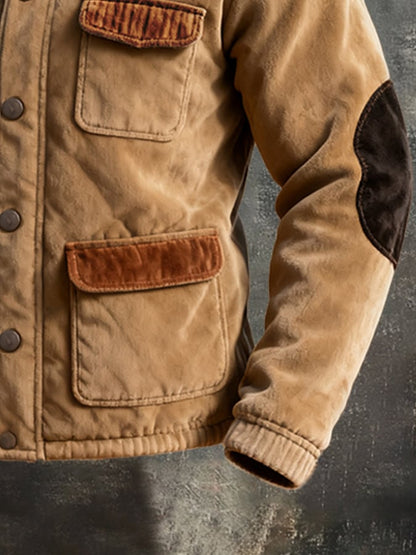 Men's Retro Stitching Contrast Color Multi-Pocket Stand Collar Casual Jacket