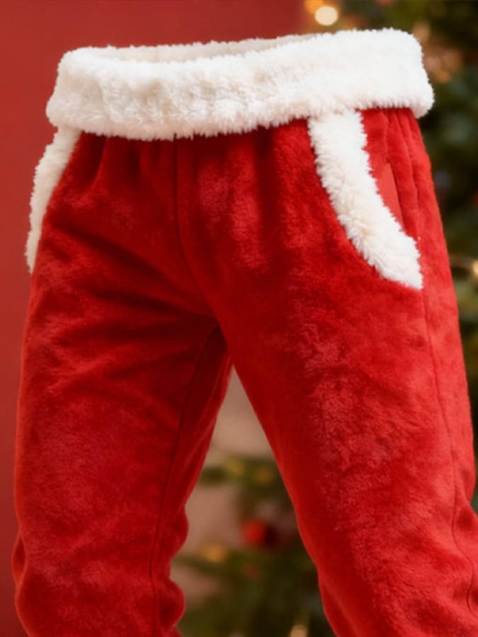 Men's Red Warm Plush Christmas Work Pants