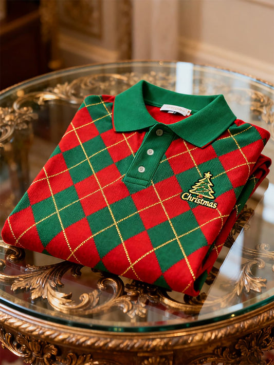 Men's Christmas Plaid Long Sleeve Polo Shirt