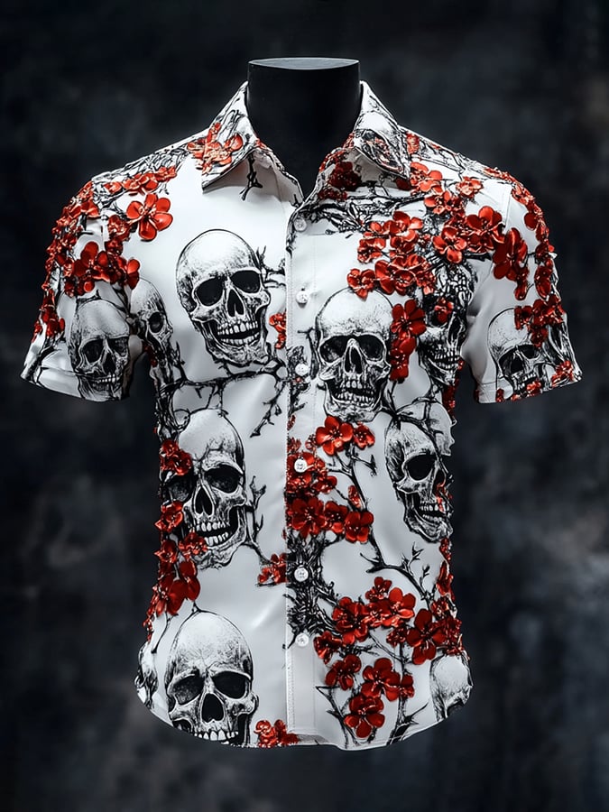 Men's Casual Vintage Floral Skull Print Short Sleeve Shirt