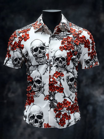 Men's Casual Vintage Floral Skull Print Short Sleeve Shirt