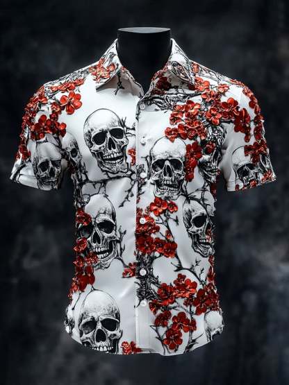 Men's Casual Vintage Floral Skull Print Short Sleeve Shirt