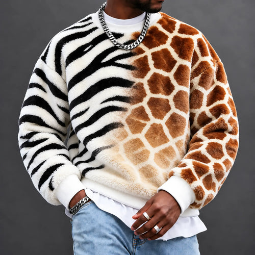 Men's Zebra & Giraffe Split Print Plush Crewneck Sweatshirt