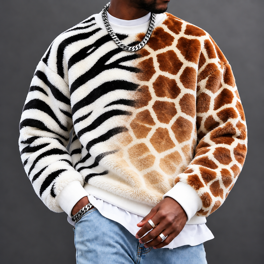 Men's Zebra & Giraffe Split Print Plush Crewneck Sweatshirt