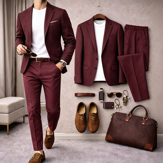 Men's Solid-Color Long-Sleeve Shirt and Long Pants Suit Set
