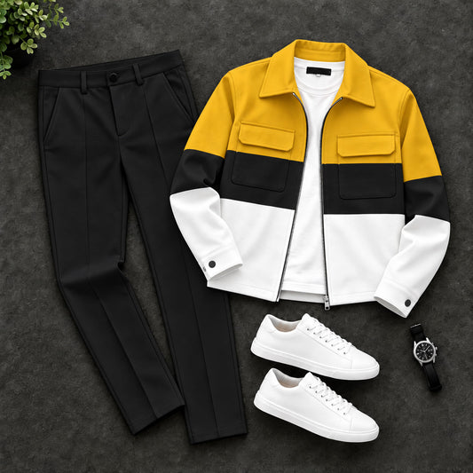 Men's Color-Blocked Printed Zipper Cardigan and Pants Two-Piece Set